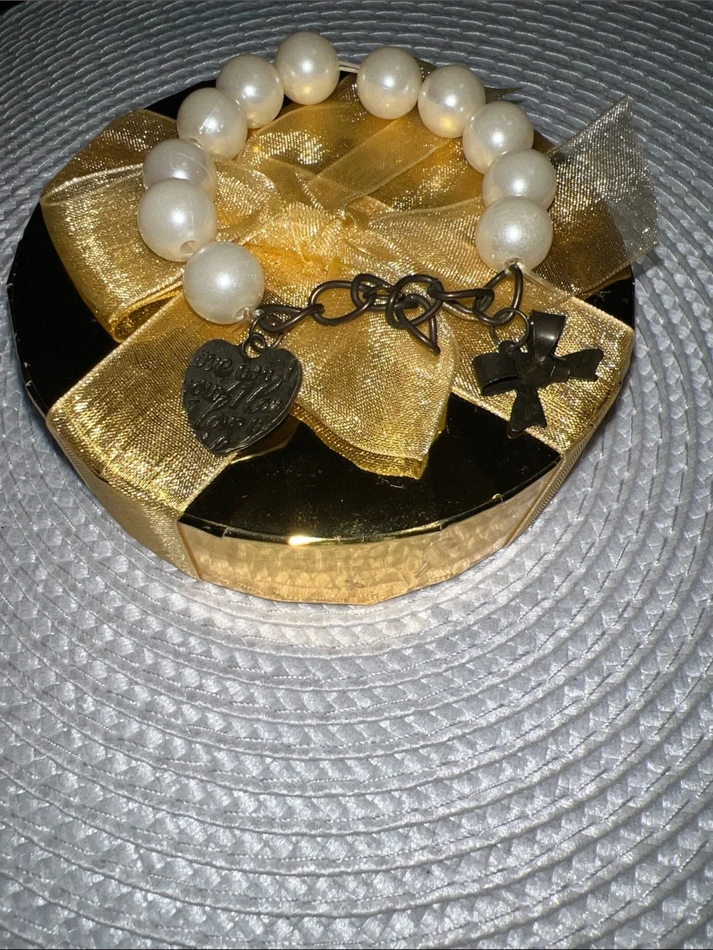 Pearl Bead Charm Bracelet with Heart & Cross Charms - Cream